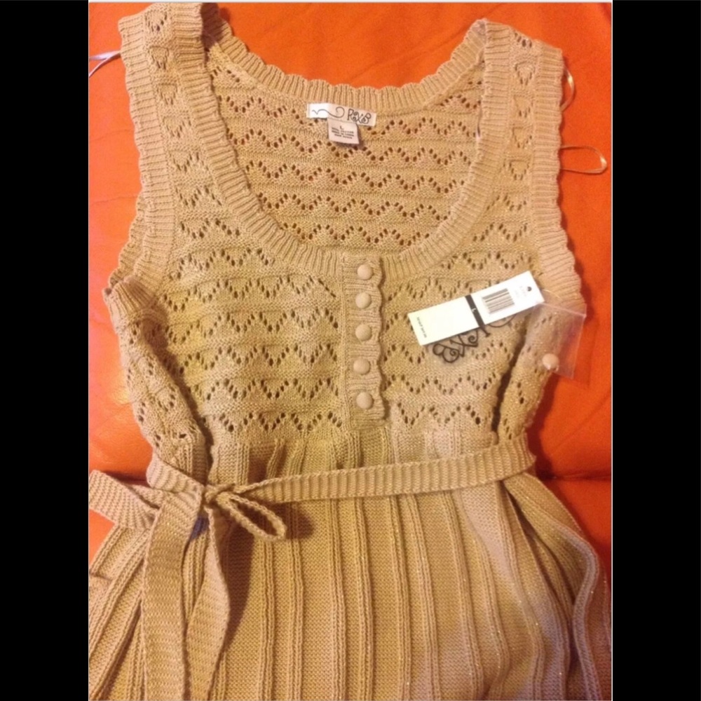 Gorgeous NWT Crochet Tan/Gold Metallic Belted Dress Sz L
